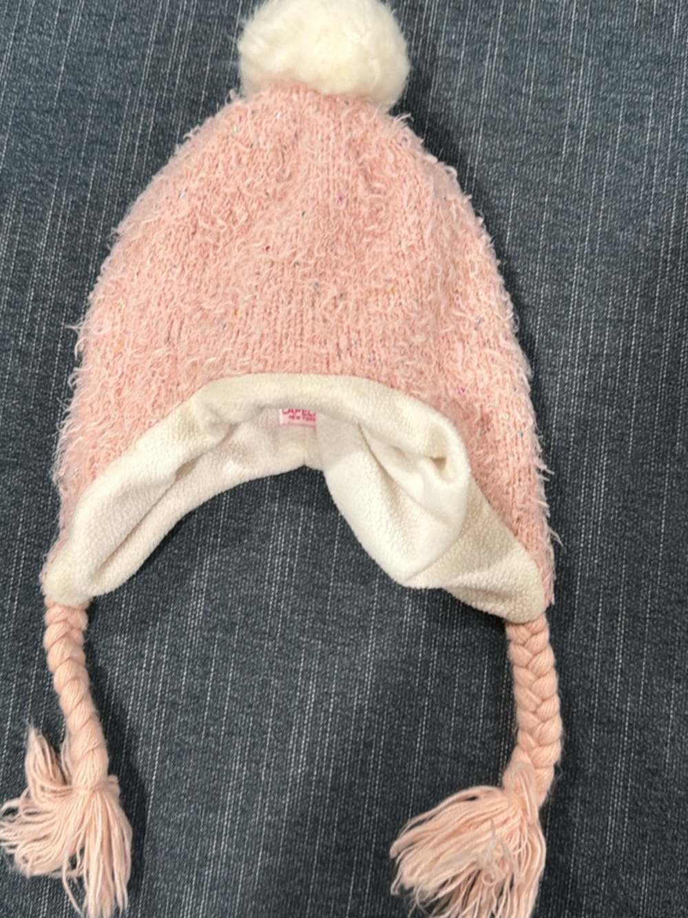 Capelli of New York Pink Fuzzy Earflap Hat with Cream Pom